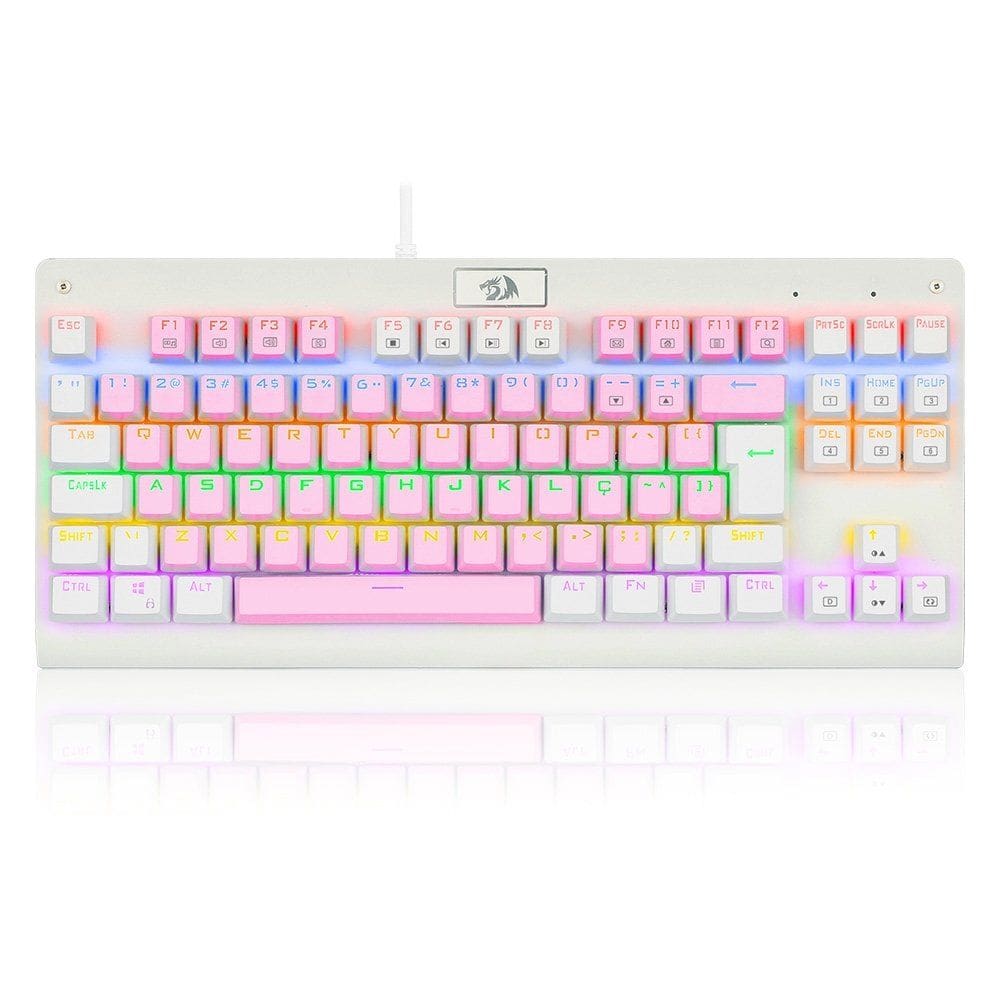 Teclado Mecânico Gamer Redragon Dark Avenger, Rainbow, Switch Brown, ABNT2, TKL, Rosa e Branco