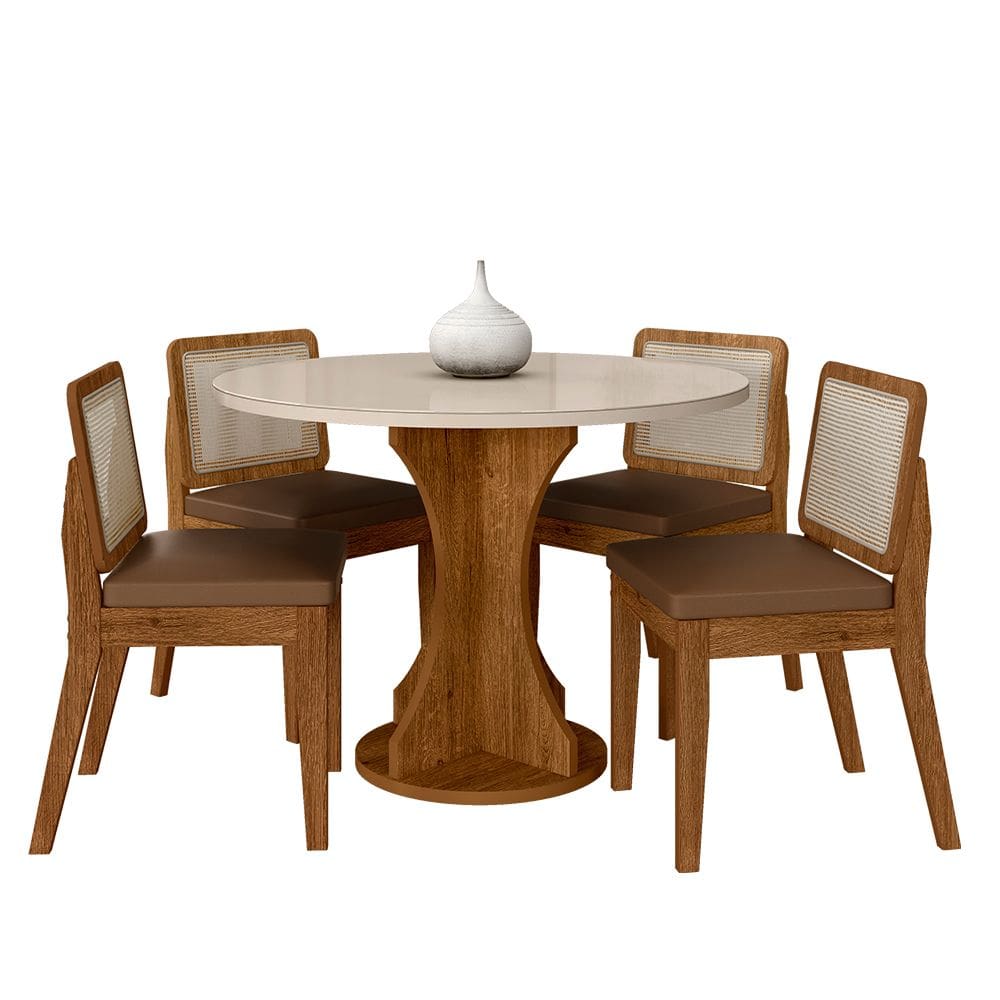 Mesa Redonda C/vidro 4 Cadeiras Sextavada Cali Fre/off/cor.carame - Ma