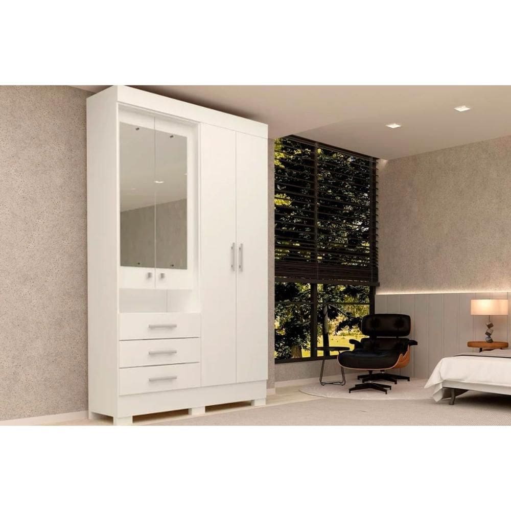 Guarda Roupa Solteiro 4 Portas (2 c/ Espelho) e 3 Gavetas Débora Branco - ACP