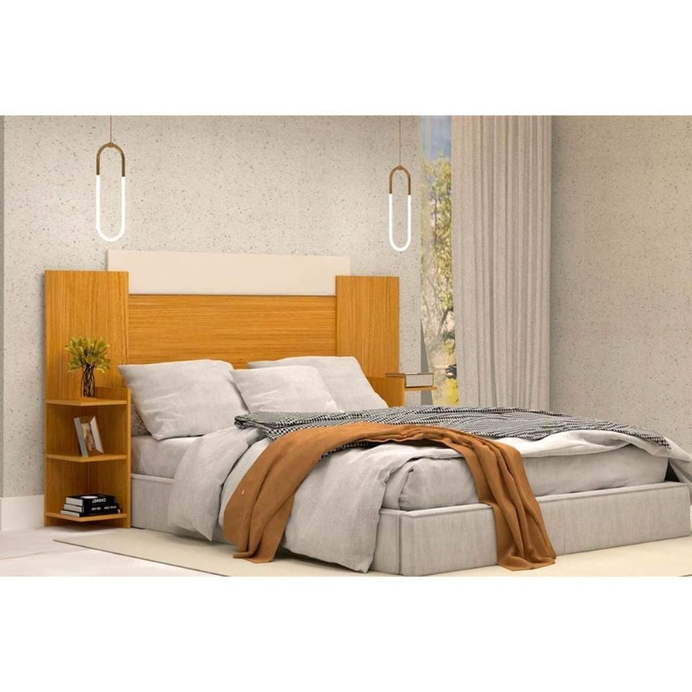 Cabeceira Cama Box Madeirado Solteiro Isabela c/ 6 Prateleiras Nature/Off White - ACP
