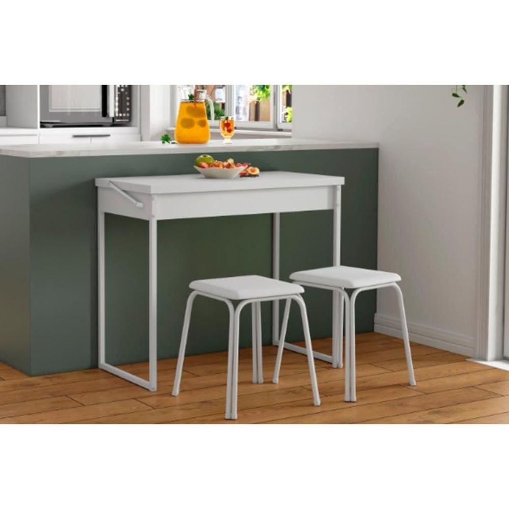 Conjunto: Mesa Sala Jantar Dobrável 1590 c/ 2 Banquetas Branco - Carraro