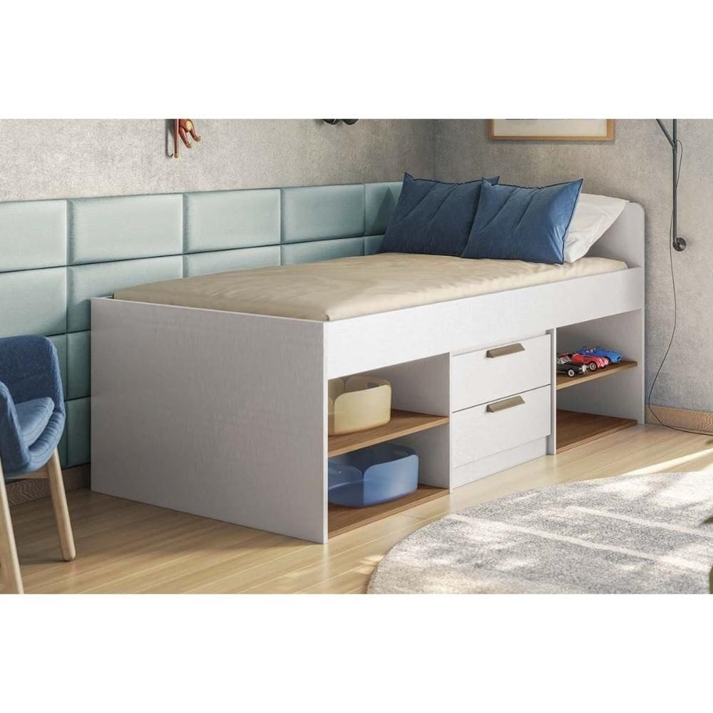 Cama Solteiro Multifuncional New Conect c/ 2 Gavetas Branco/Jatobá - Santos Andirá