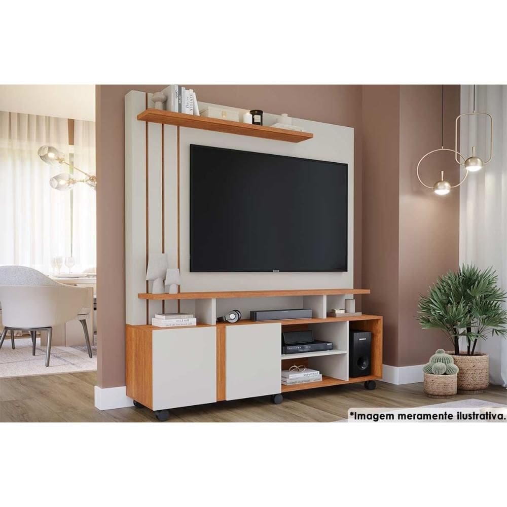 Home p/ TV até 55 Pol Valência c/ 2 Portas e Rodízios 160x182cm Off White/Cinamomo - Permóbili