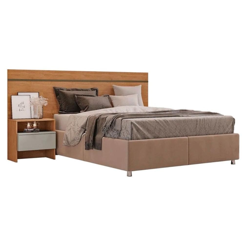 Cabeceira Cama Box Madeirado Casal Prime c/ 1 Mesa e 1 Gaveta Freijo Cumaru Fendi - Novo Horizonte