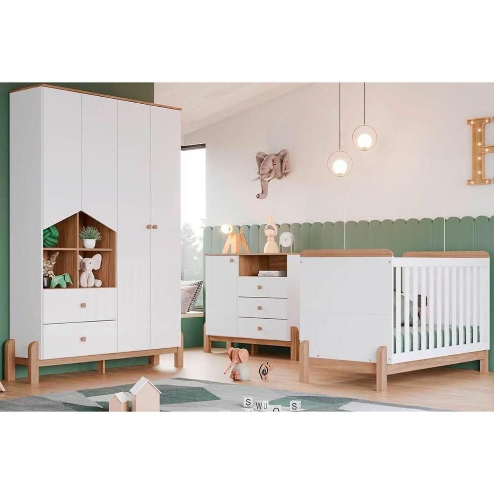 Quarto Infantil Completo Ternura 3 Peças (1 Guarda Roupa + 1 Berço + 1 Cômoda) QI79 Branco/Jequitiba - Henn