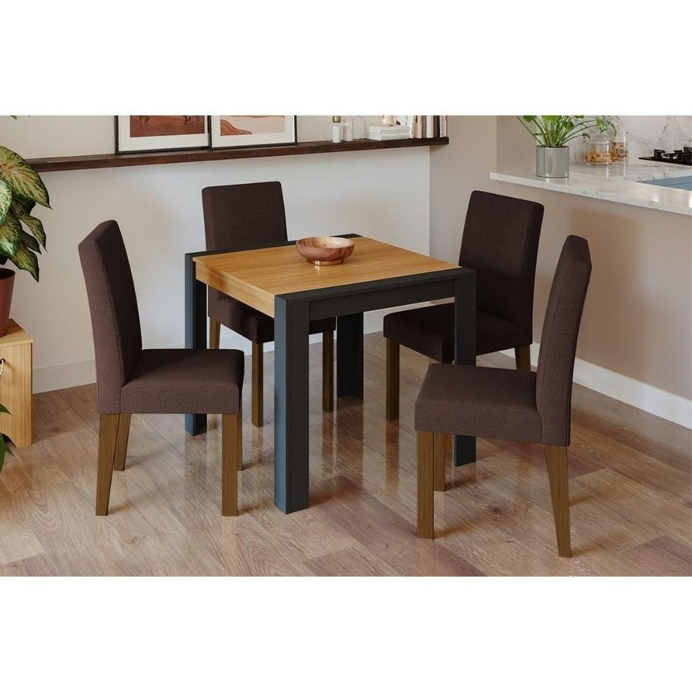 Sala de Jantar Completa Grace Tampo Madeirado 90x90cm e 4 Cadeiras Milena Savana/Nature-Suede Joli Chocolate - Cimol