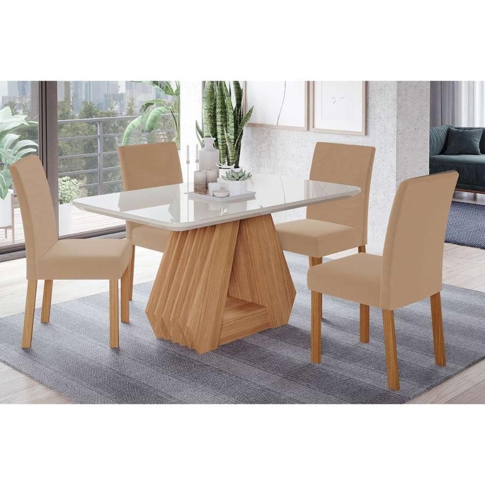 Sala de Jantar Completa Ágata c/ Tampo Madeirado c/ Vidro 130x80cm e 4 Cadeiras Maia Nature/Suede Gengibre Bege - Cimol
