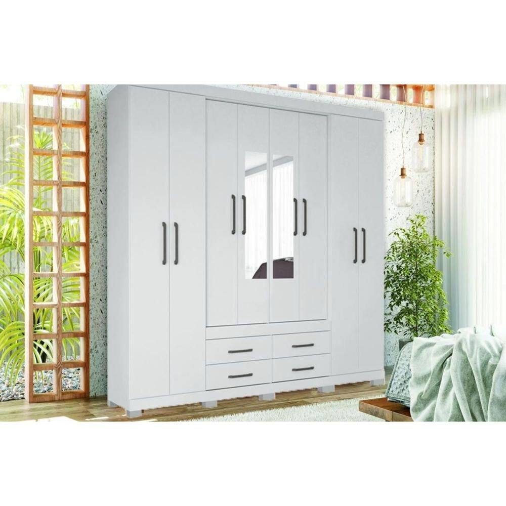 Guarda Roupa Casal 8 Portas (2 c/ Espelho) e 4 Gavetas c/ Pés Nápoles Branco - Santos Andirá