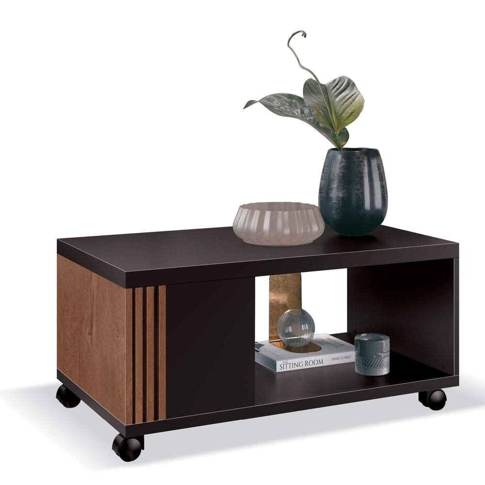 Mesa de Centro com Rodízios Pratica EDN Móveis Cor Preto Naturale