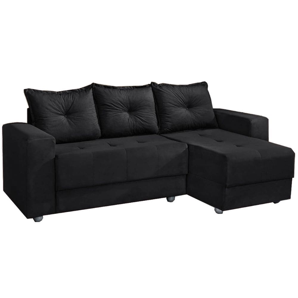 Sofá 3 Lugares com Chaise Florença Tecido Suede 200cm Cor Preto