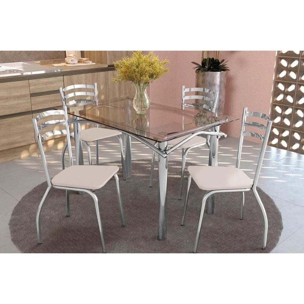 Conjunto: Mesa Sala Jantar Elba c/ Tampo de Vidro 120cm + 4 Cadeiras Portugal Cromado/Courano Branco - Kappesberg