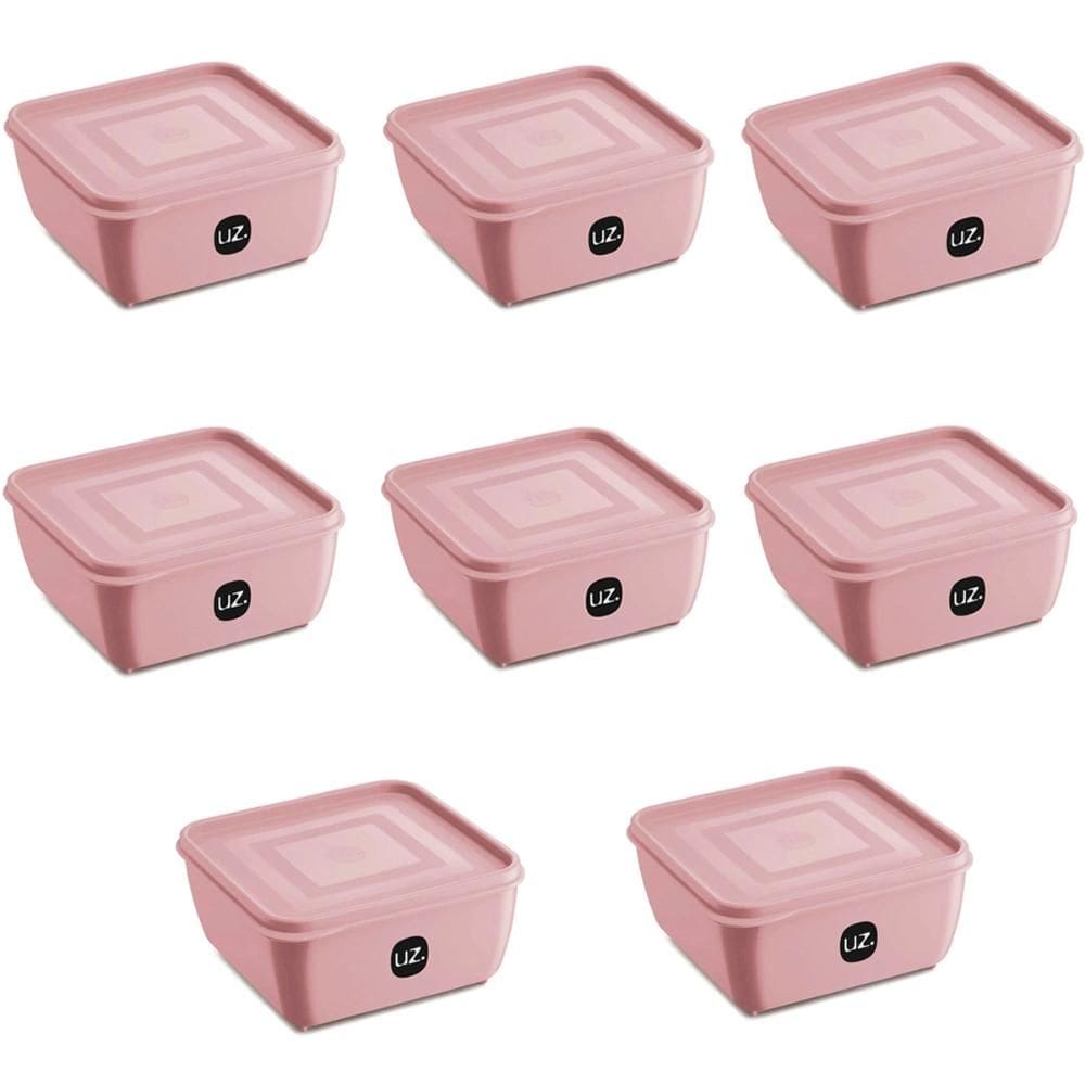 Kit 8 Potes Plástico UZ Rosa Quadrados Mantimentos 1,5L com Tampa Premium