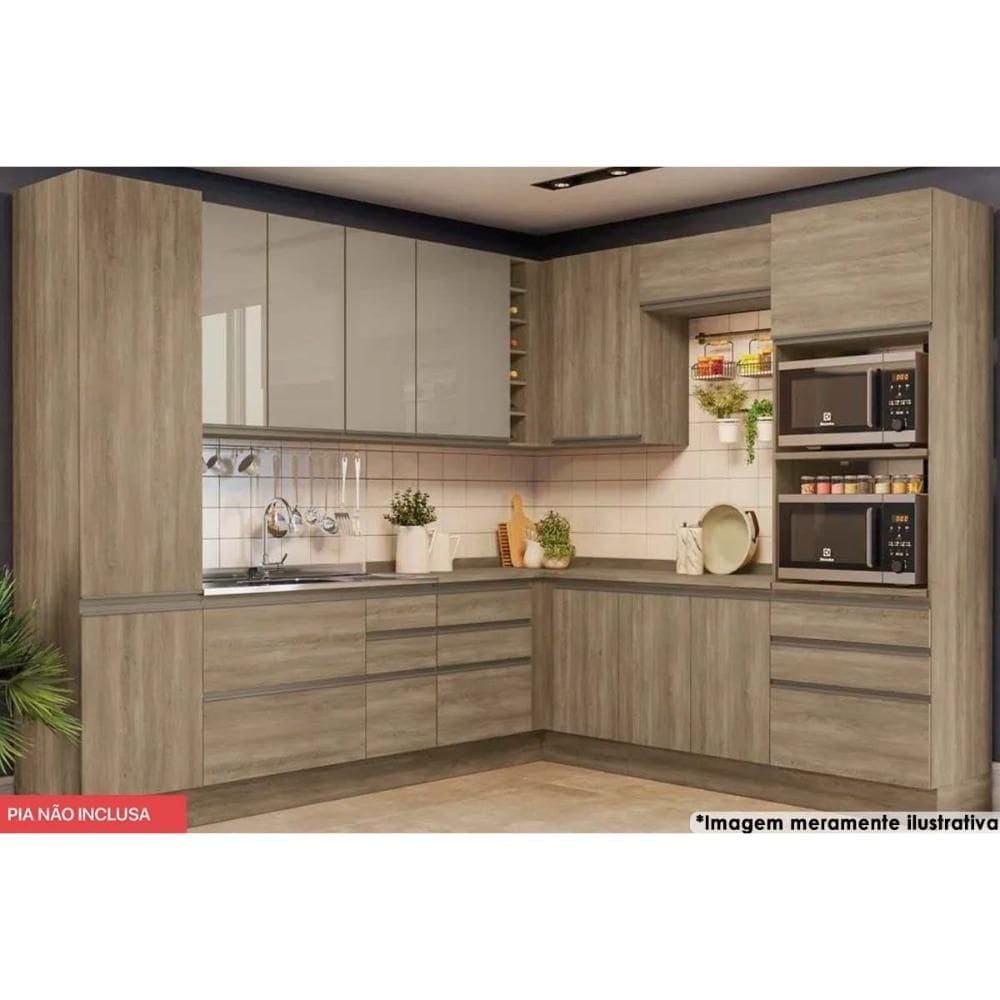 Cozinha Completa Maxxi 13 Peças (4Aéreos+4Balcões+2Paneleiros+3Complementos) s/Pia CZ268 Nogal - Kappesberg