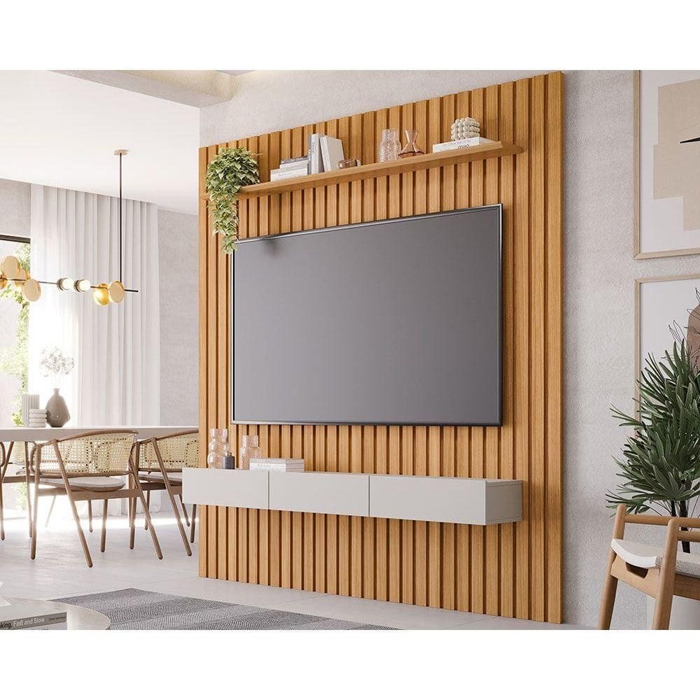 Rack Bancada c/ Painel p/ TV até 65 Pol Maragogi Ripado 1 Porta e 2 Gavetas 185x220cm Nature/Off White - Permóbili