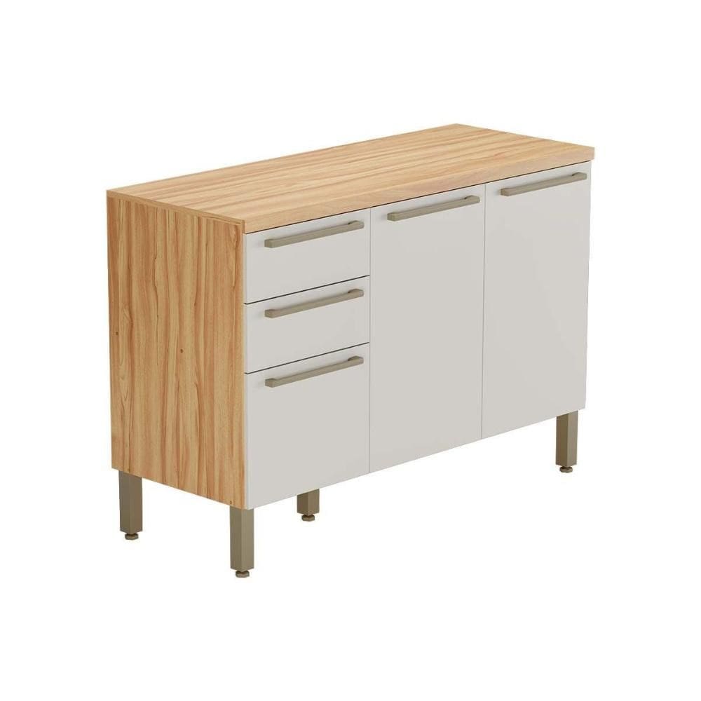 Gabinete p/ Pia Cozinha Balcão Nápoli Prime 3 Portas e 2 Gavetas c/ Tampo 120cm Amendoa/Off White - Ronipa