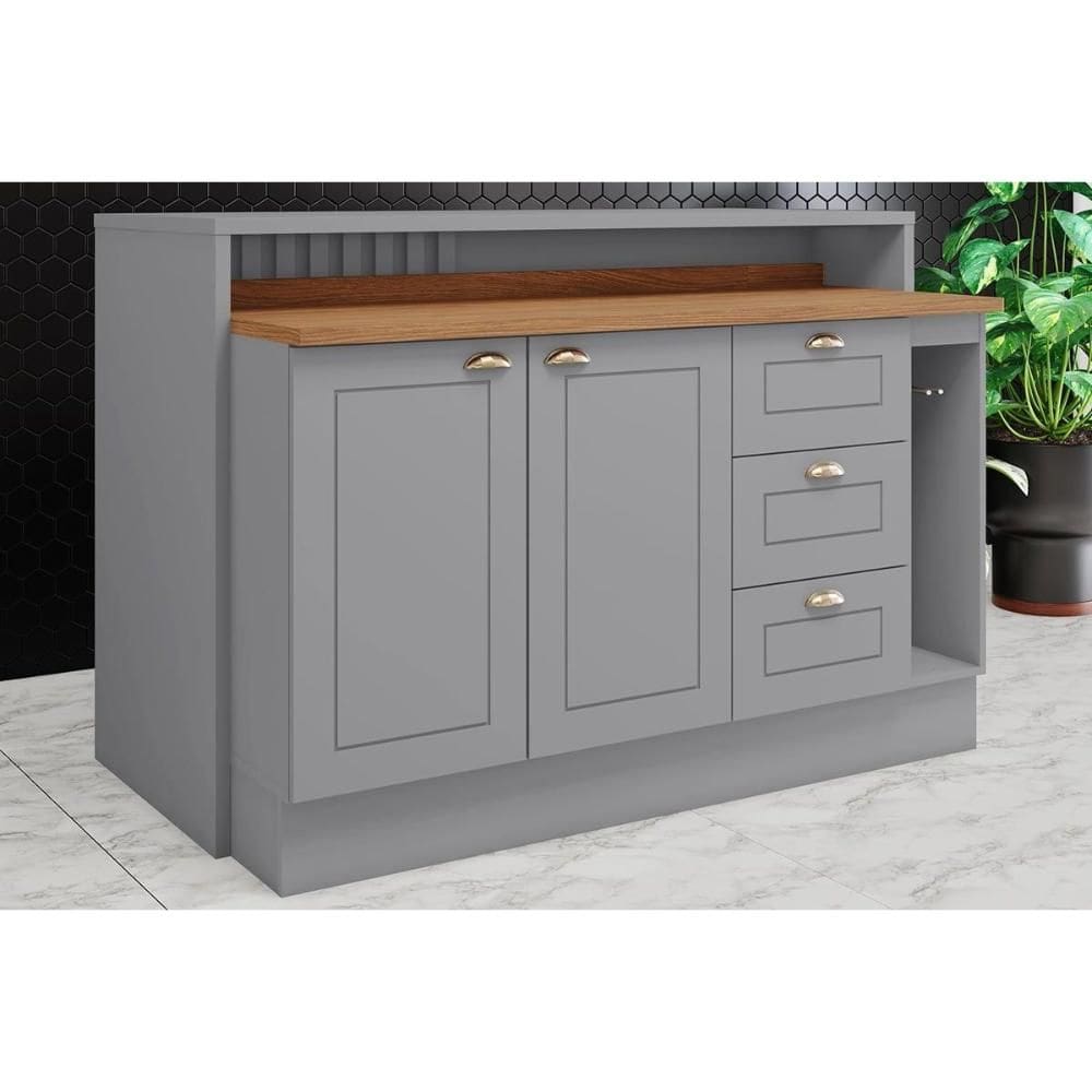 Bancada Ilha Cozinha Gourmet Americana c/ 2 Portas e 3 Gavetas 145cm Cinza - Henn