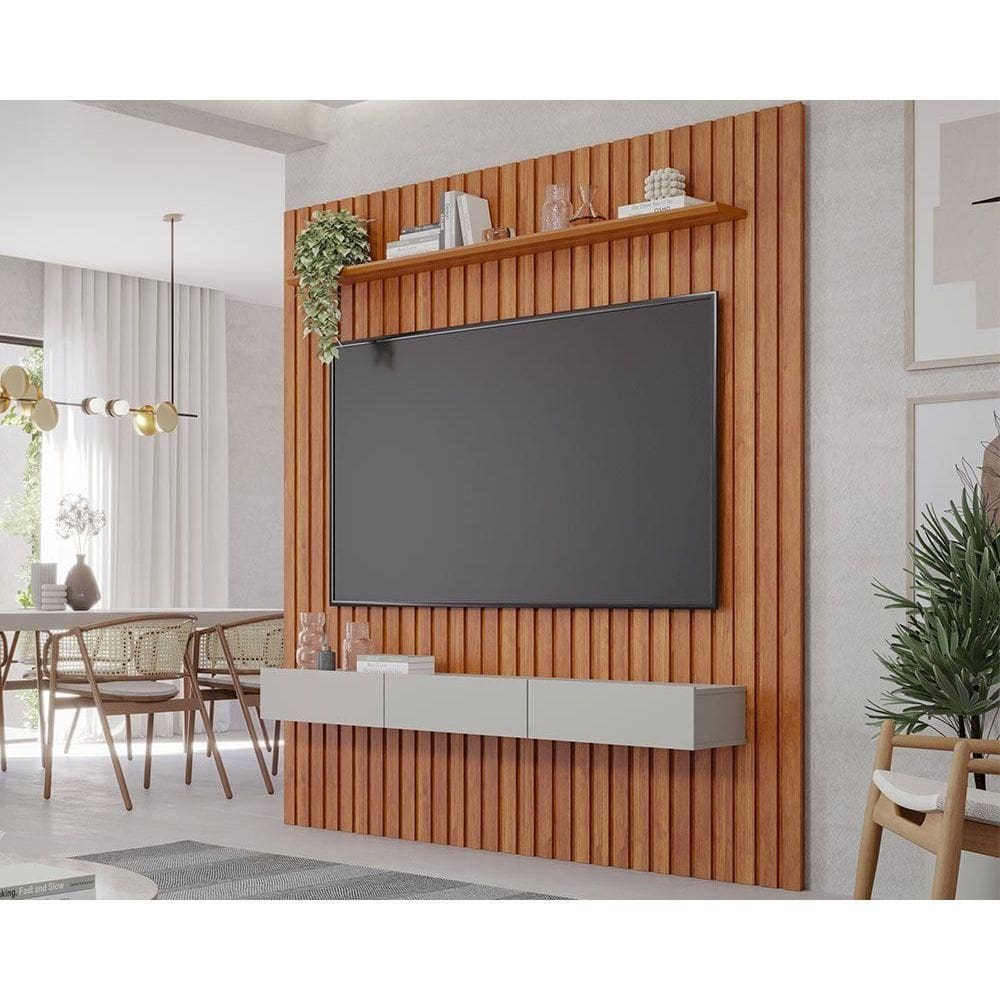 Rack Bancada c/ Painel p/ TV até 65 Pol Maragogi Ripado 1 Porta e 2 Gavetas 185x220cm Cinamomo/Off White - Permóbili