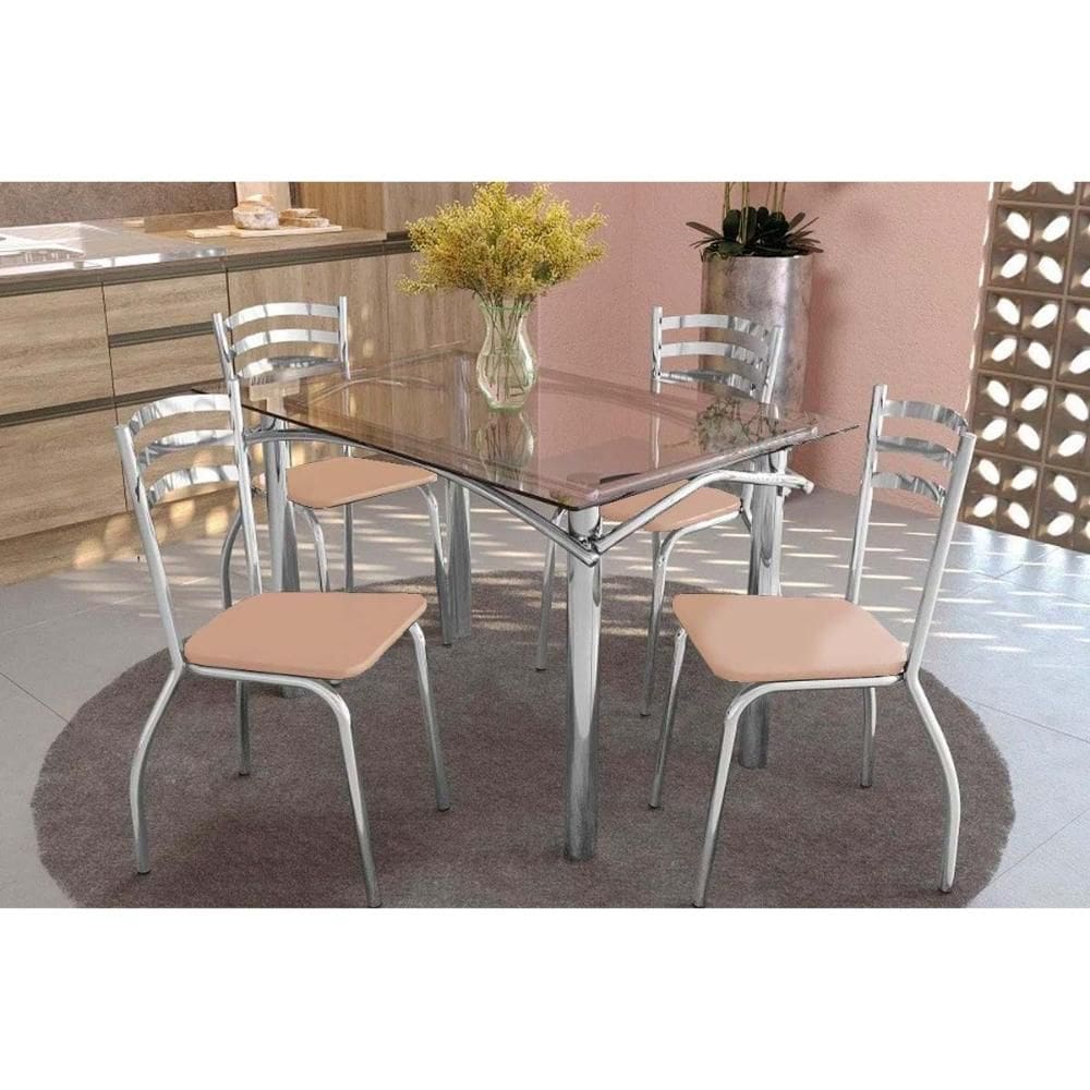 Conjunto: Mesa de Cozinha Elba c/ Tampo Vidro 120cm + 4 Cadeiras Portugal Cromado/Courano Nude - Kappesberg