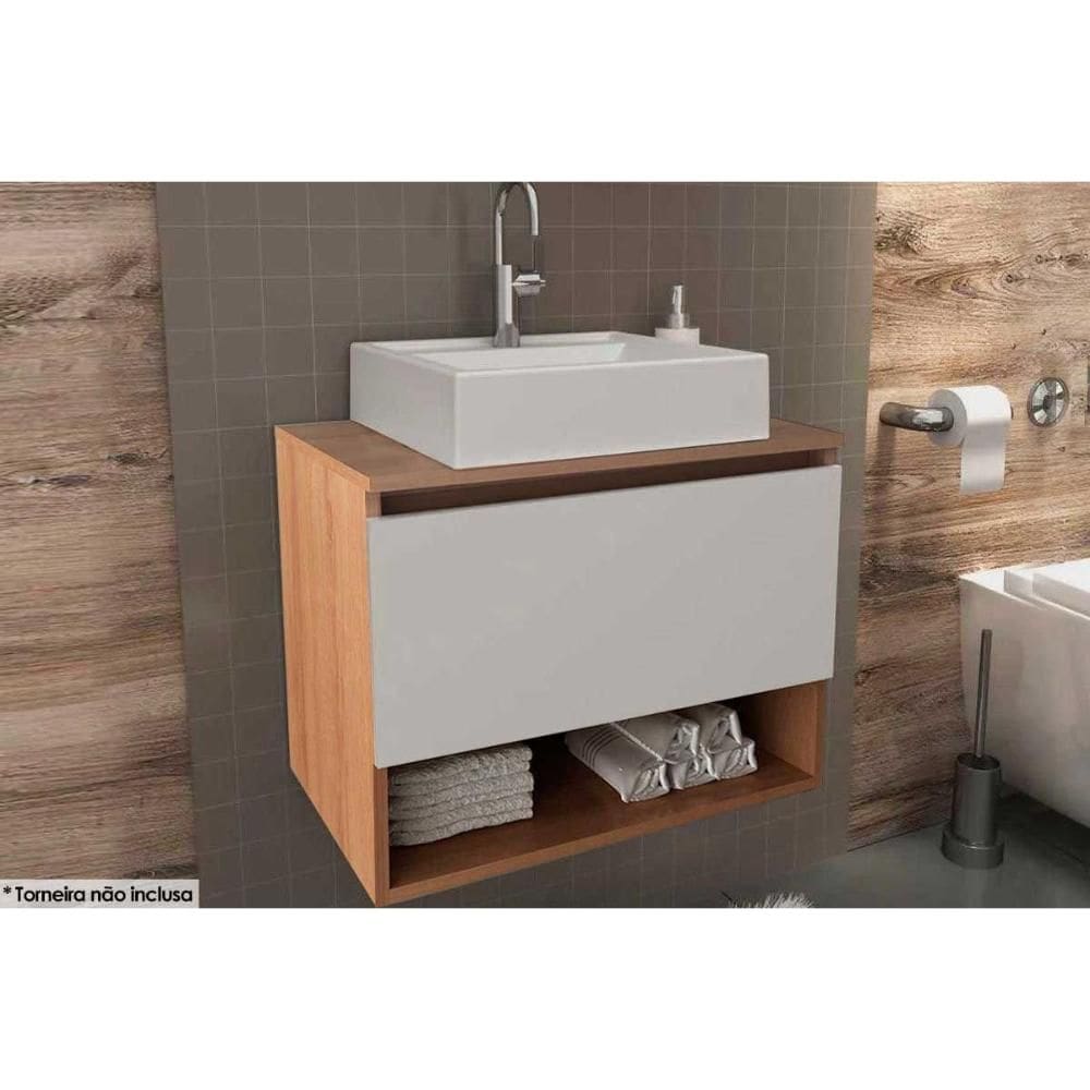 Conjunto de Banheiro Balcão Suspenso BN3606 c/ Cuba BN3600 60cm Amêndoa/Branco - Tecno Mobili