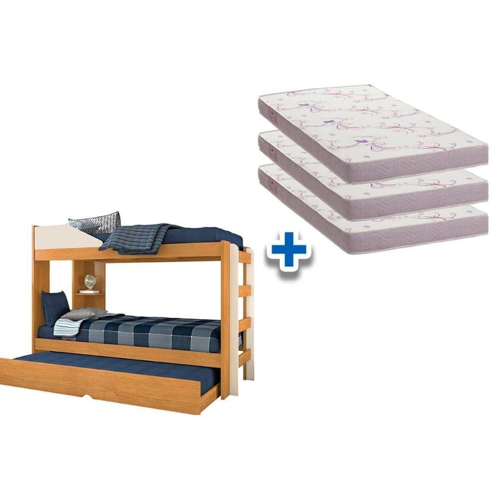 Colchão Physical Ortobom (3un) + Beliche Indy c/ Auxiliar Cinamomo/Off White
