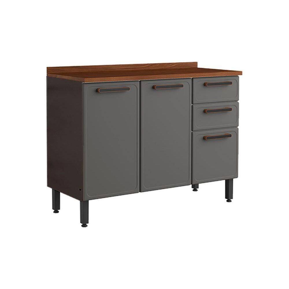 Gabinete p/ Pia Cozinha Balcão c/ Tampo Estilo 7124 c/ 3 Portas e 2 Gavetas 120cm Cinza/Grafite - Bertolini