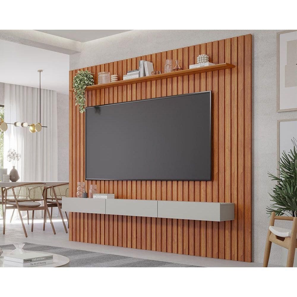 Rack Bancada c/ Painel p/ TV até 75 Pol Maragogi Ripado 1 Porta e 2 Gavetas 230x220cm Cinamomo/Off White - Permóbili