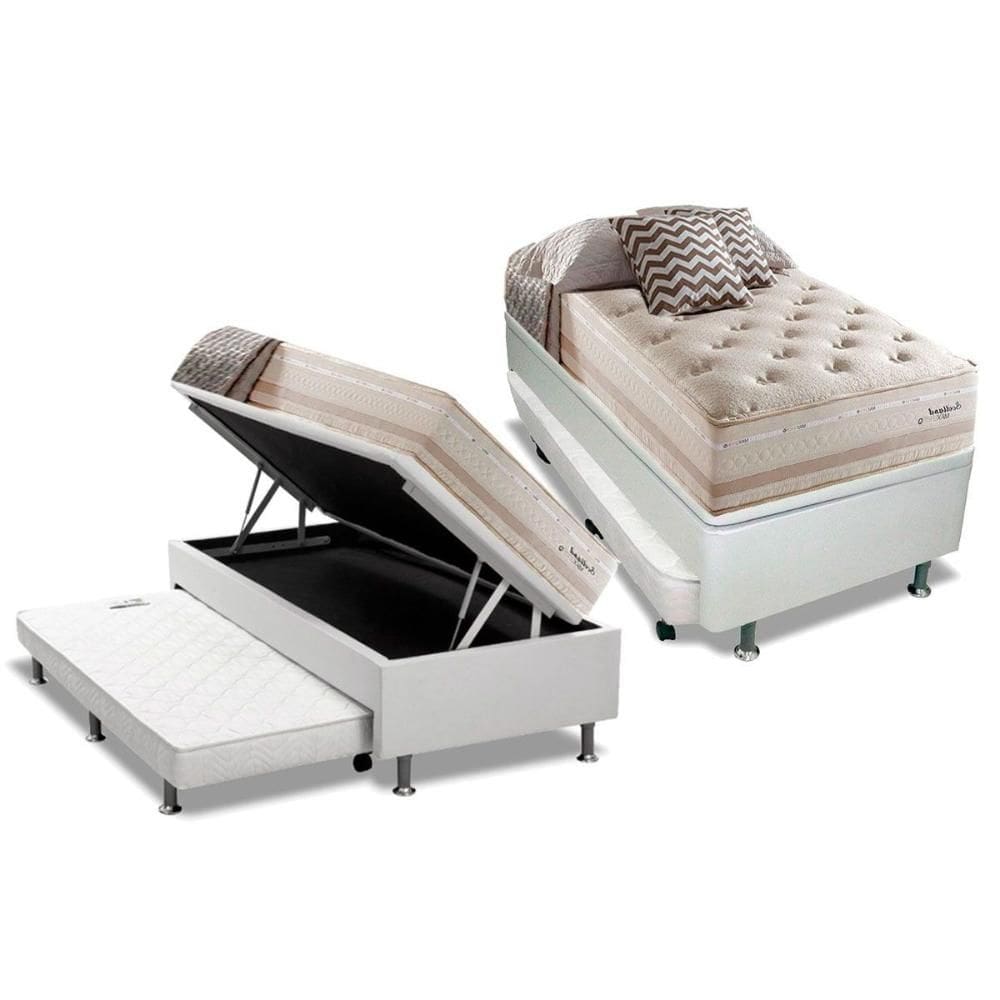 Cama Box Baú c/Auxiliar Solteiro: Colchão Molas Herval Maxspring Scotland + Base CRC Courano Branco(88x188)