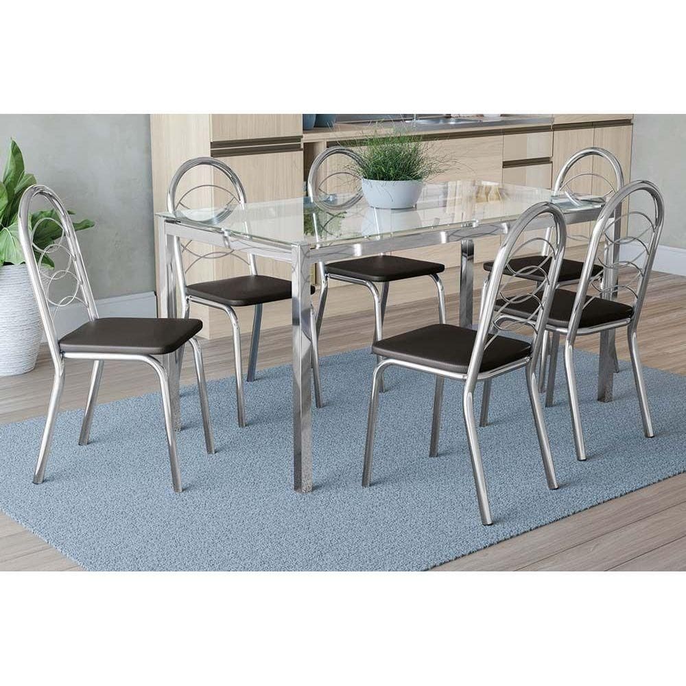 Conjunto: Mesa de Cozinha Reno c/ Tampo Vidro 150cm + 6 Cadeiras Holanda Cromado/Courano Preto - Kappesberg