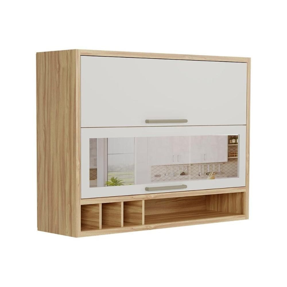 Armário Aéreo Cozinha Modulado Syrah c/ 2 Portas Basculante (1 c/ Vidro Reflecta) e Nicho Garrefeiro 120cm Amendoa/Off White - Ronipa