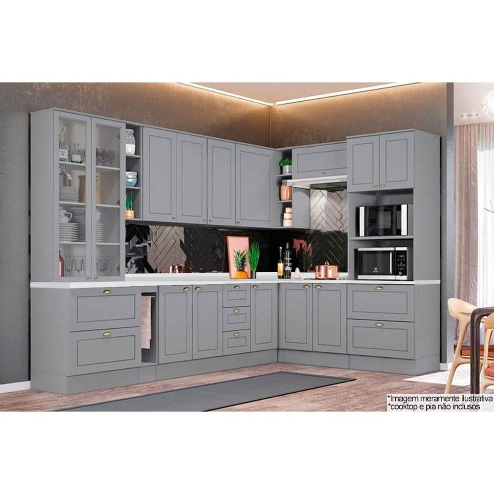 Kit de Cozinha Modulada 14 Peças Americana 1 (3 Armários + 4 Balcões + 1 Paneleiro + 6 Complementos) C14P02 Cinza
