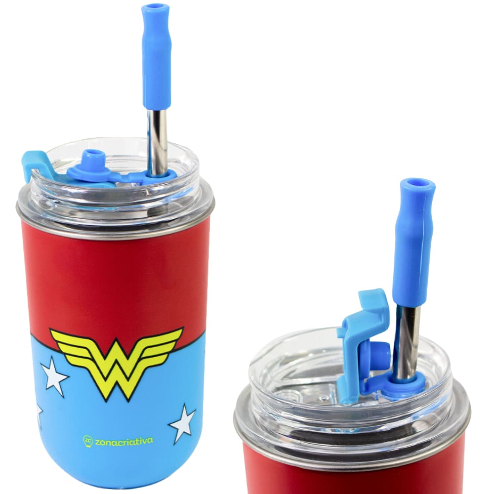 Copo Mulher Maravilha Térmico Quente Gelado 300ml Com Tampa E Canudo Oficial DC Comics