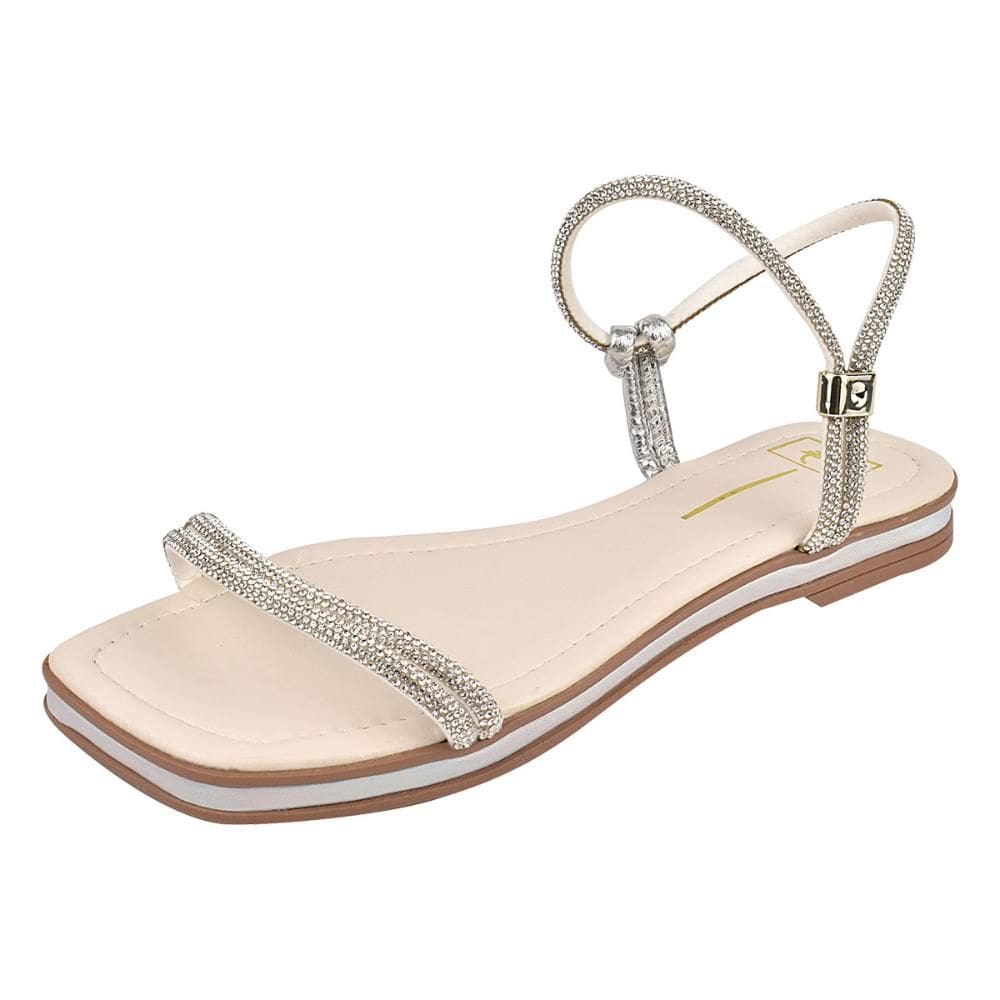 Sandália Rasteira Feminina com Tiras de Cristais Off White