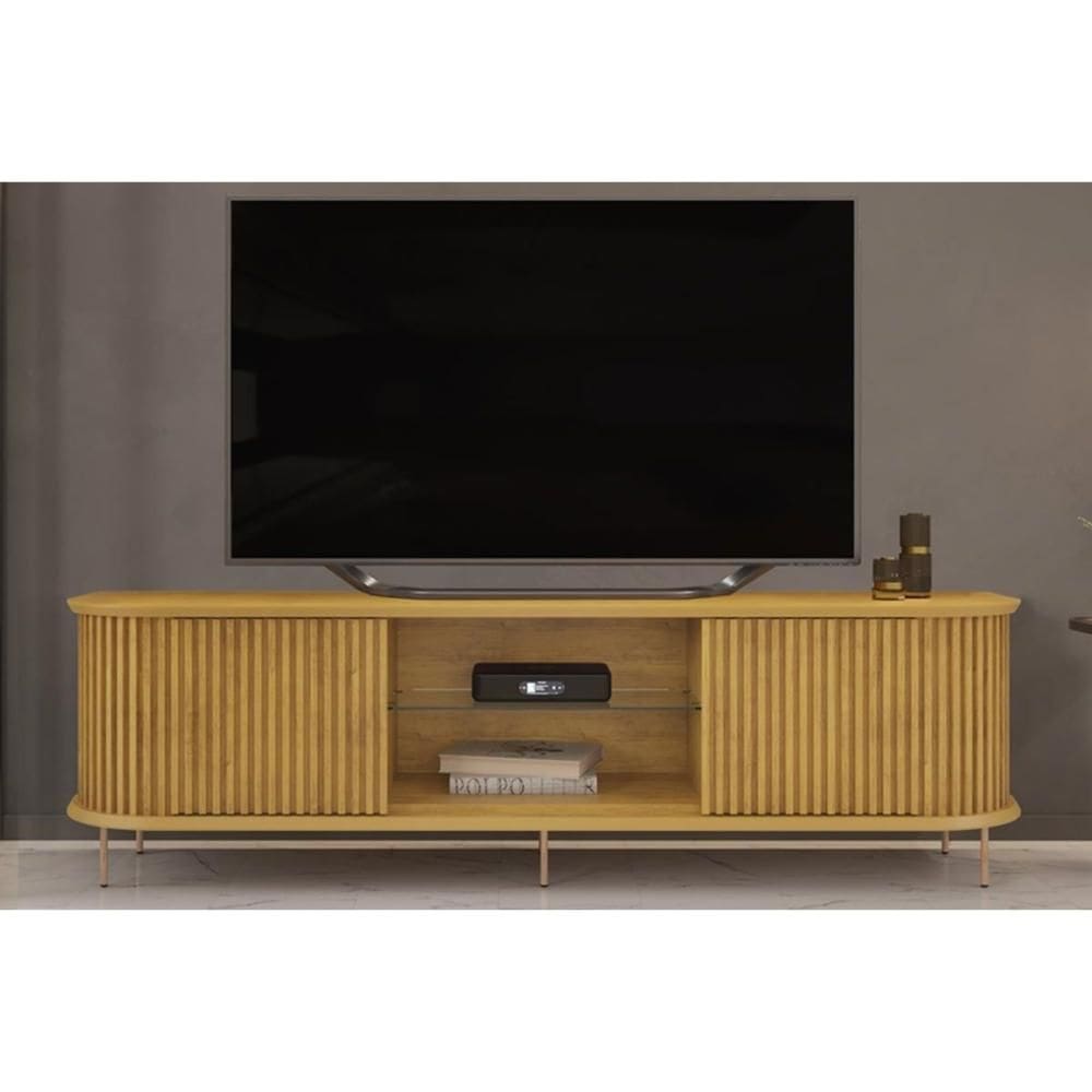 Rack Bancada p/ TV até 75 Pol Atlas 100% MDF Ripado c/ 2 Portas 218x62cm Cedro - DJ Móveis