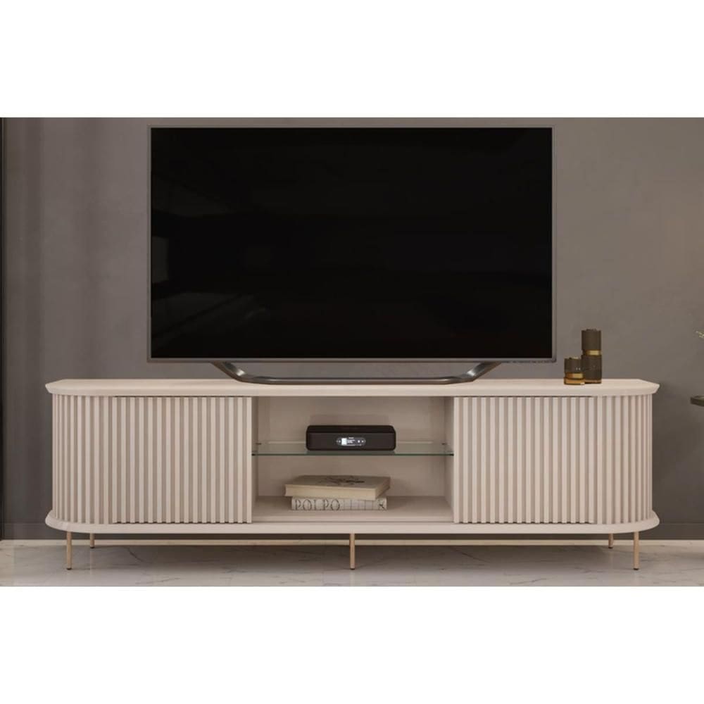 Rack Bancada p/ TV até 75 Pol Atlas 100% MDF Ripado c/ 2 Portas 218x62cm Off White - DJ Móveis
