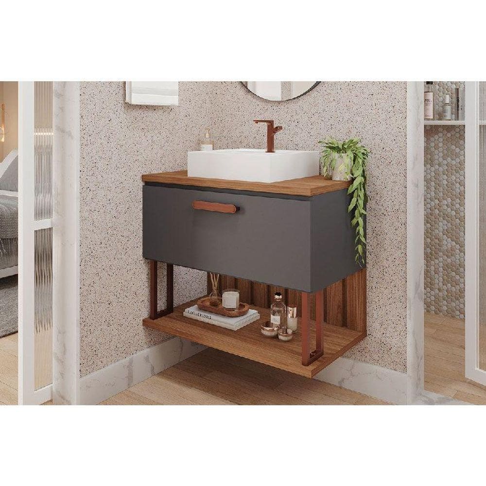 Gabinete de Banheiro Balcão Duna 1 Porta c/Cuba 80cm Titanio/Freijo - MGM