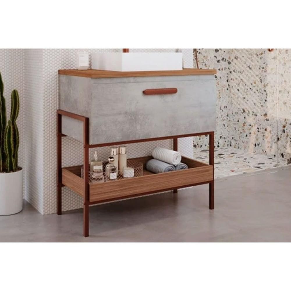 Gabinete de Banheiro Balcão Portinari 1 Porta c/Cuba 80cm Cimento/Freijo - MGM