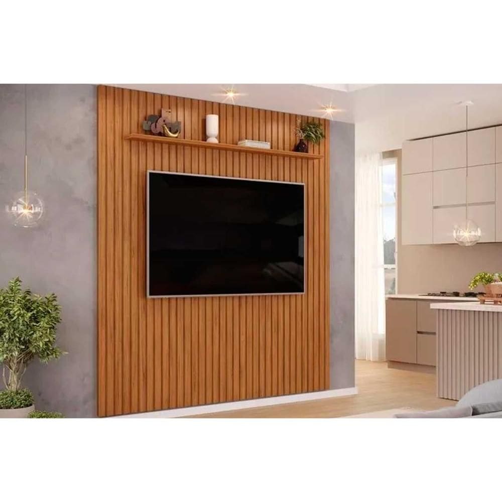 Painel Home p/ TV até 65 Pol Pratic Ripado c/ 1 Prateleira 223x240cm Freijo - DJ Móveis