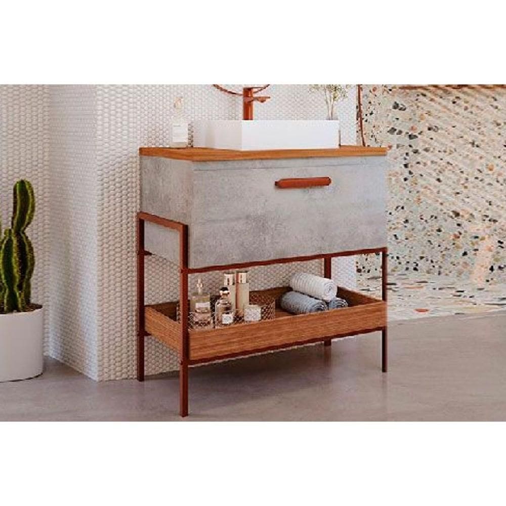 Gabinete de Banheiro Balcão Portinari 1 Porta c/Cuba 60cm Cimento/Freijo - MGM
