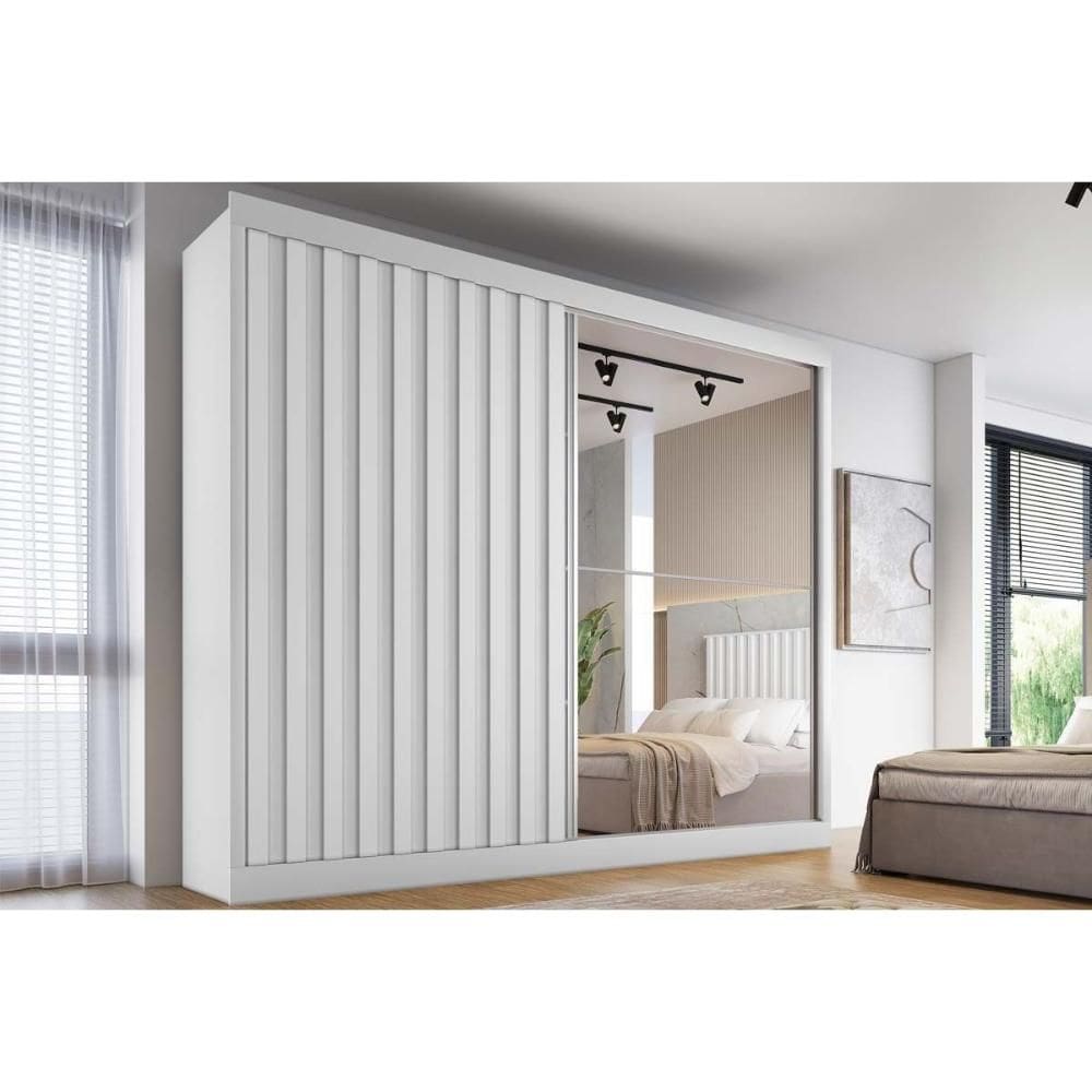 Guarda Roupa Casal 2 Portas de Correr (1 Ripada e 1 c/ Espelho) e 4 Gavetas Atlanta Branco - Europa