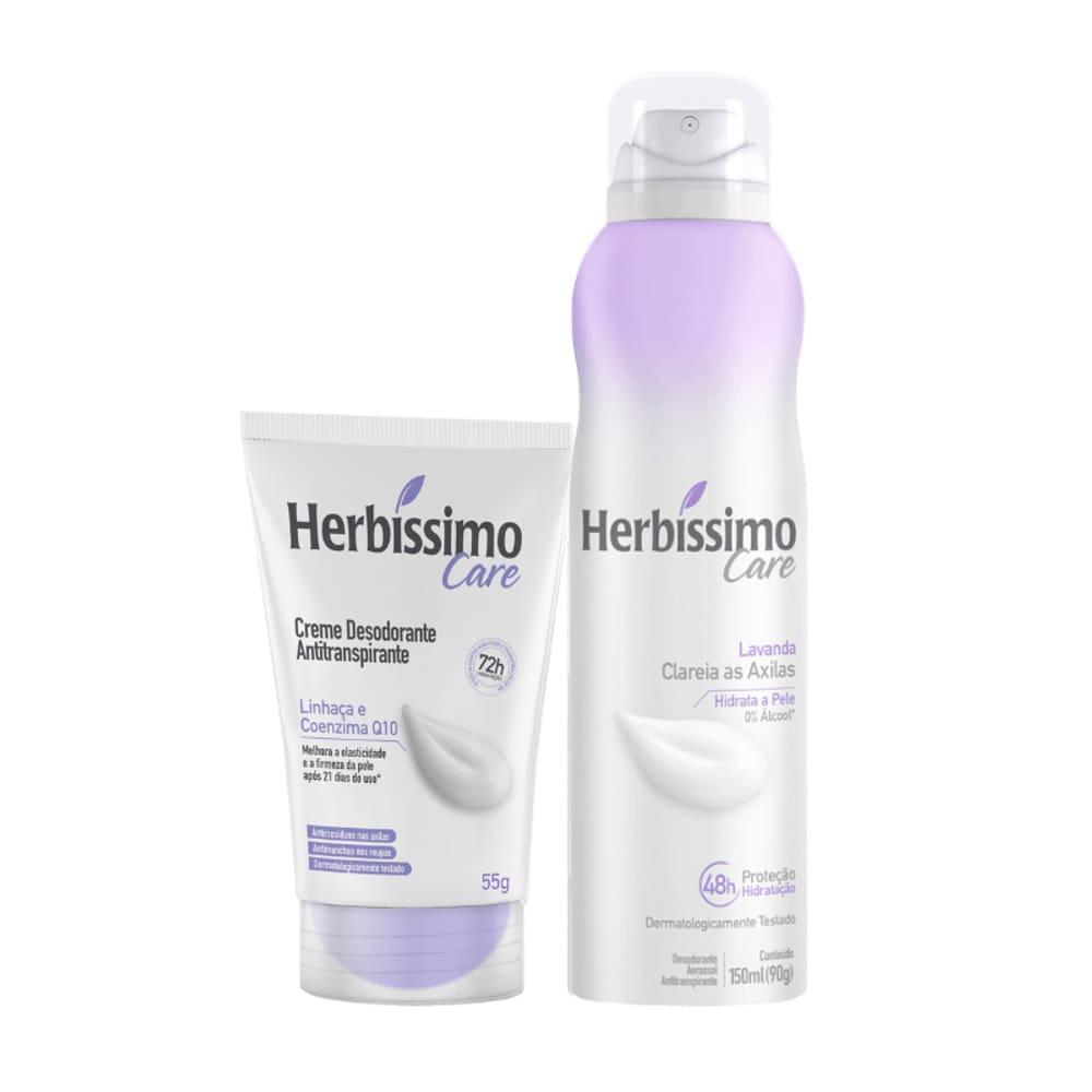 Kit Creme Desodorante Antitranspirante Linhaca e Coenzima Q10 Bisnaga 55g + Desodorante Aerossol Antitranspirante Herbíssimo Care Lavanda
