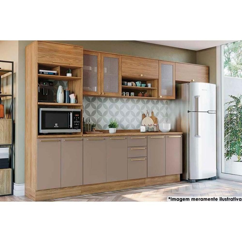 Cozinha Completa Botanic 8 Peças (3Aéreos+2Balcões+1Paneleiro+2Complementos) M663 Nogueira/Fendi - Kappesberg
