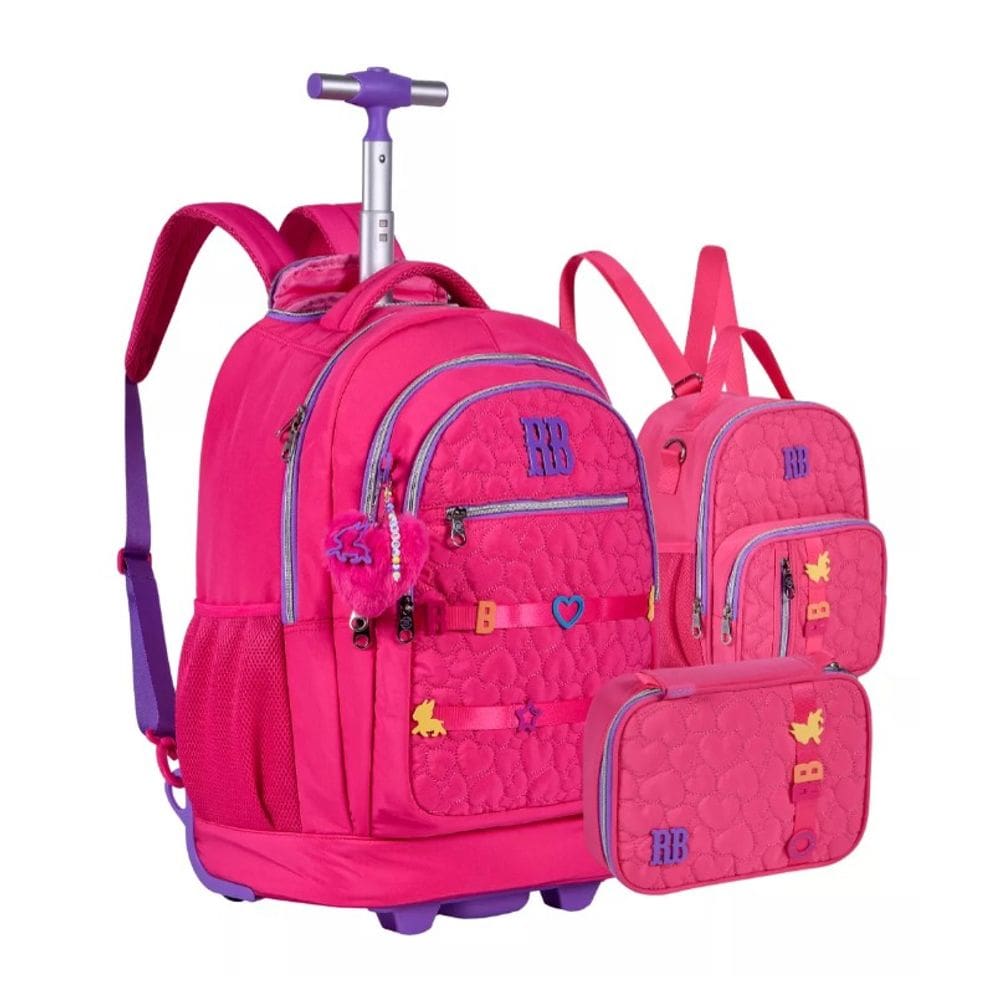 Kit Mochila de Rodinhas Rebecca Bonbon Lancheira e Estojo RB24538 Rosa