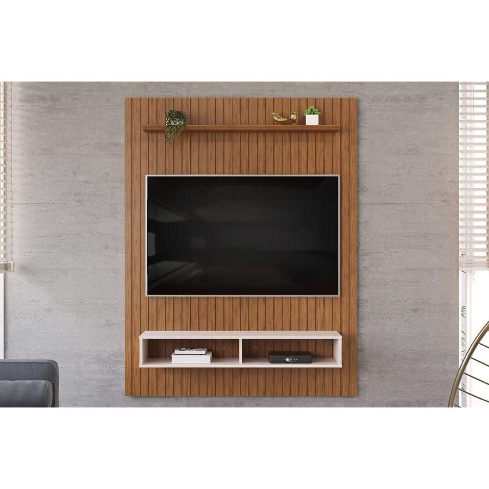 Painel Home p/ TV até 55 Pol Aston Ripado c/ 1 Prateleira e 2 Nichos 134x168cm Freijó/Off White - DJ Móveis