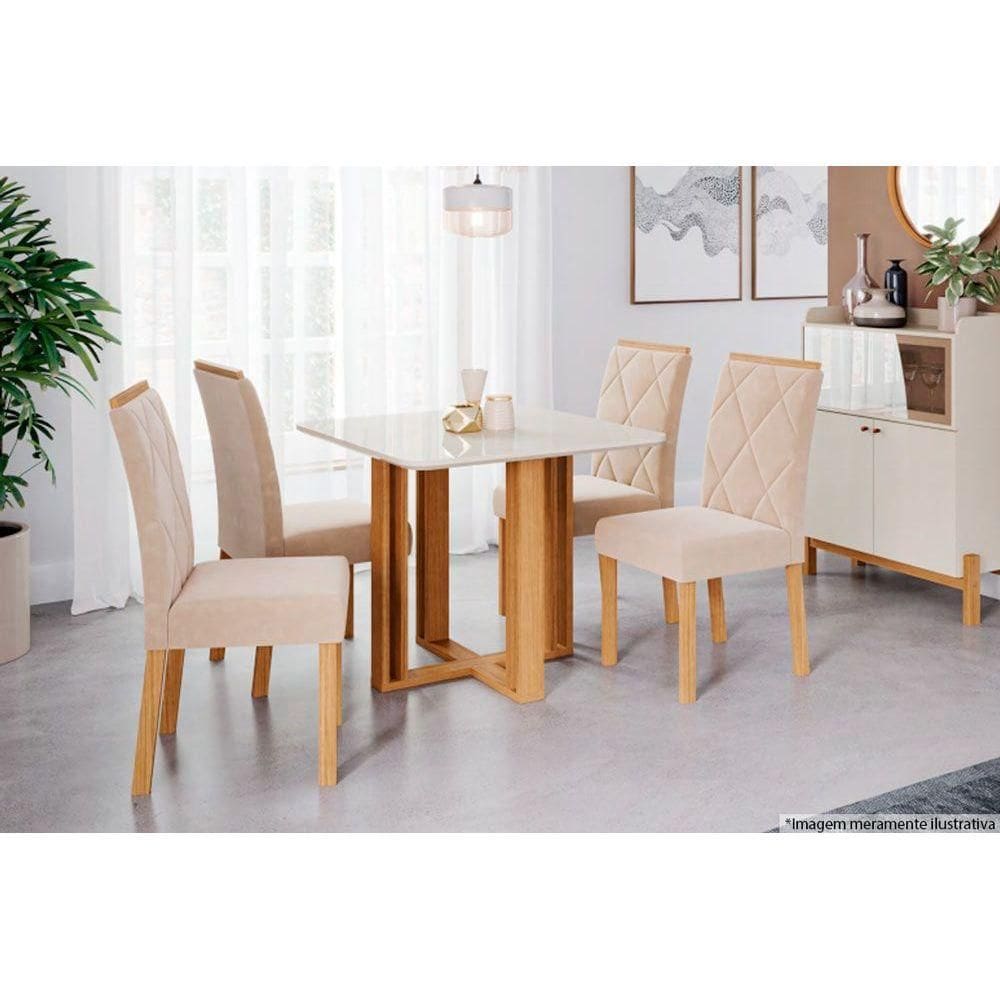 Sala de Jantar Completa Flora c/ Tampo Madeirado 95x95cm e 4 Cadeiras Fernanda Nature/Off White-Suede Nude Bege - Cimol