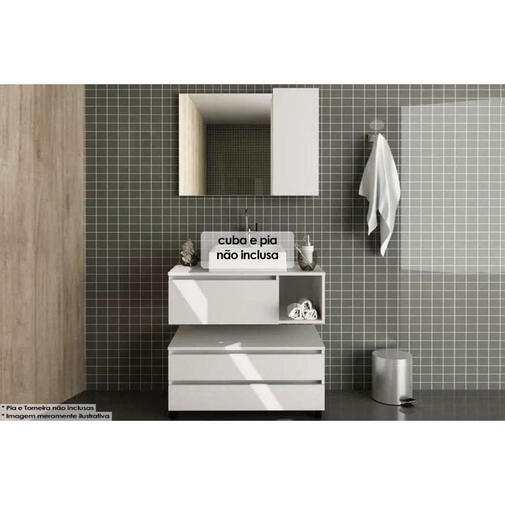 Conjunto de Banheiro Balcão Suspenso BN3601 + Balcão c/ Rodizios BN3603 s/ Cuba 80cm e Armário c/ Espelho BN3602 Branco - Tecno Mobili