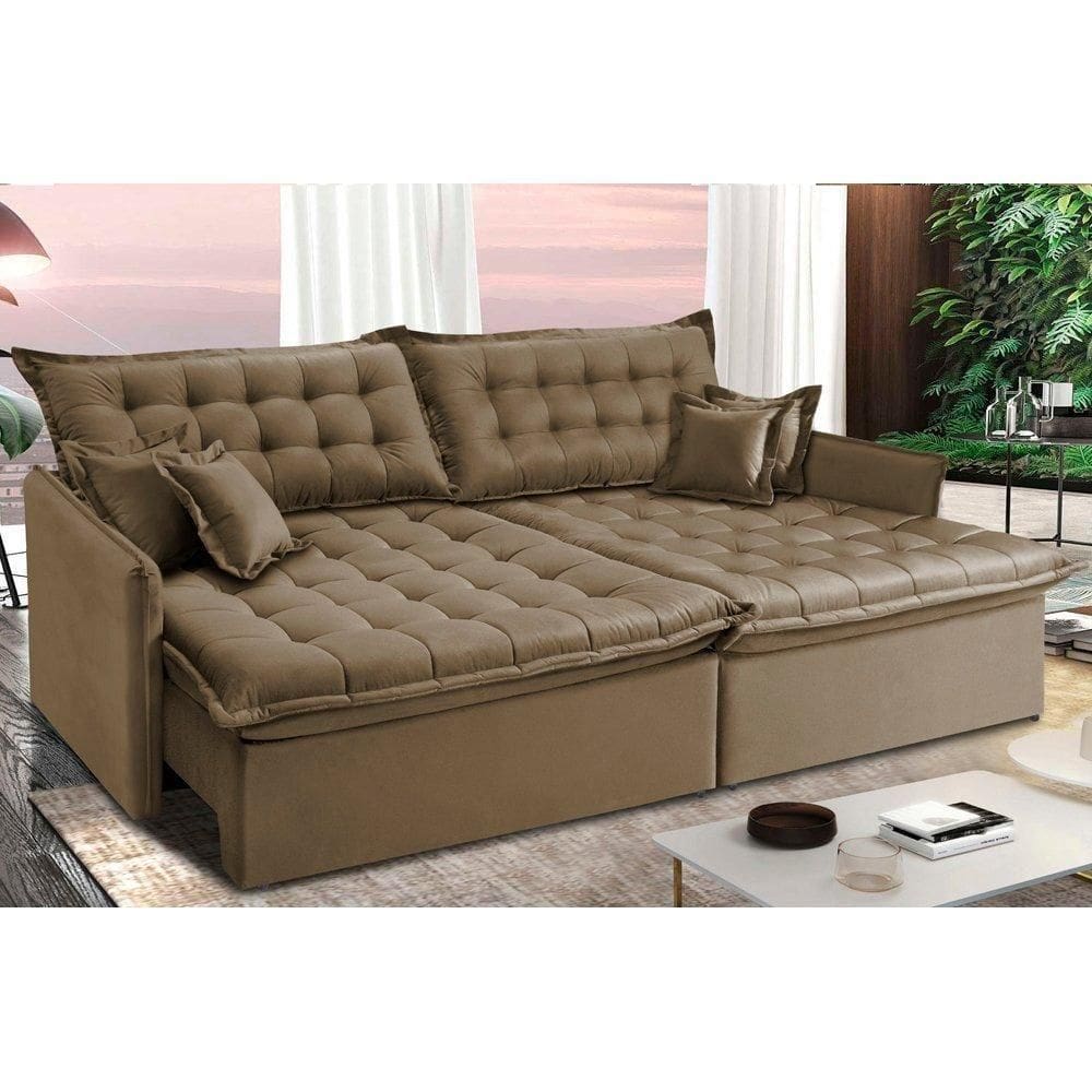 Sofá Sem Caixa Retrátil E Reclinável 1,55m Cama Inbox Versátil Suede Velusoft Castor