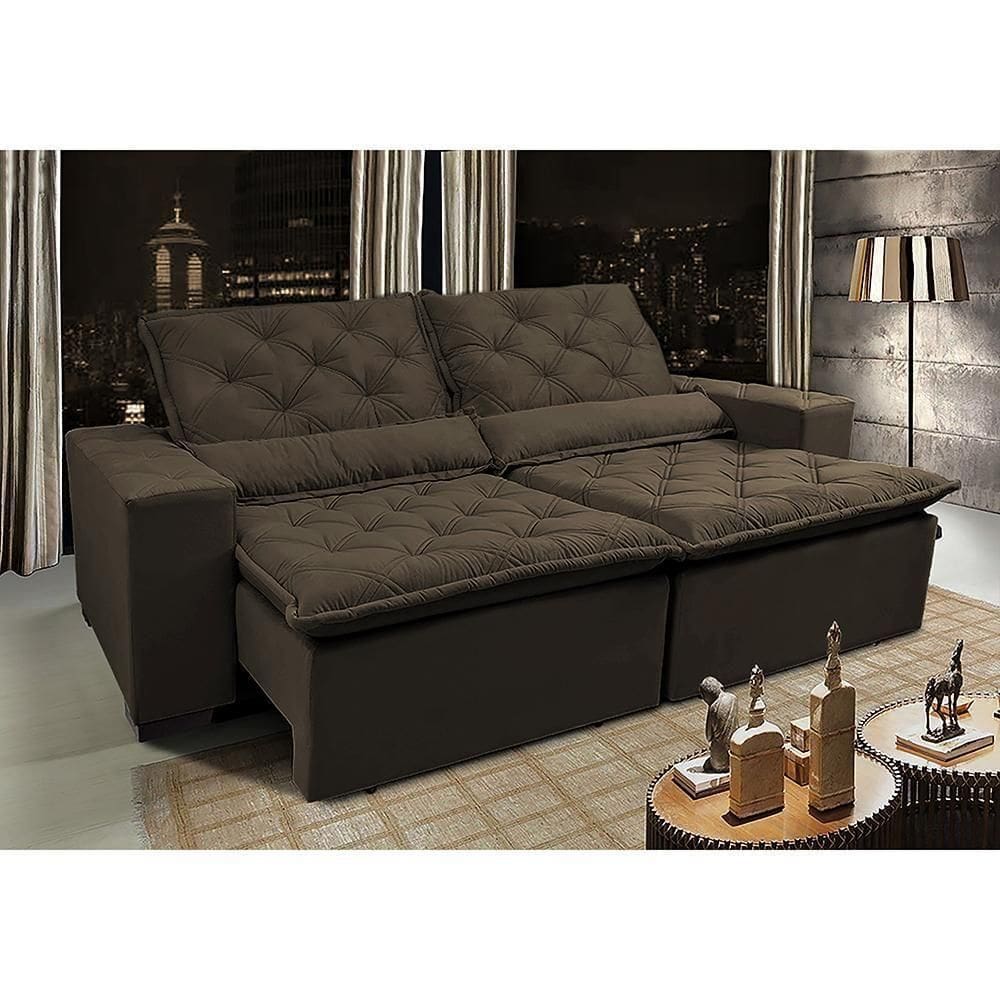 Sofá Lisboa 2,32m Retrátil, Reclinável Com Molas No Assento Tecido Suede Velusoft Café - Cama Inbox