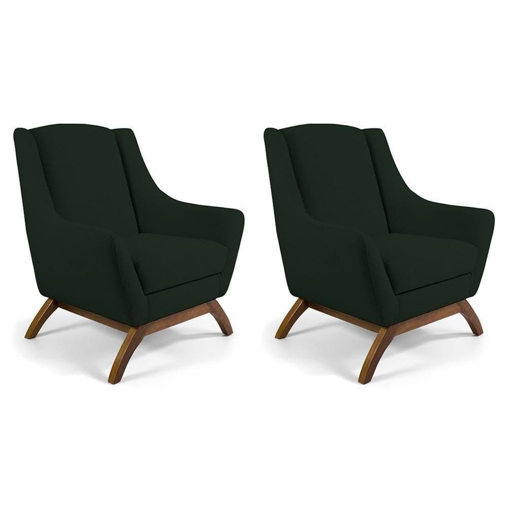 Kit 02 Poltronas Fixa Base De Madeira Veludo Verde