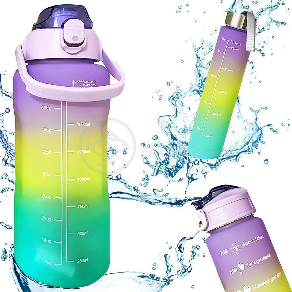 Kit Garrafa De água Roxa 3 Em 1 Com Alça Frases Motivacionais Tie-dye Academia + Adesivos 2d 3d