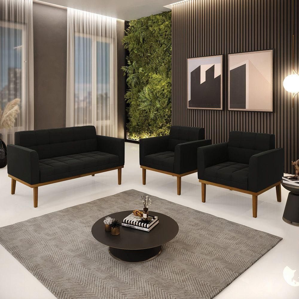Conjunto 2 Poltronas E 1 Namoradeira Decorativa Pés Fixo Em Madeira Castanho Suede Preto